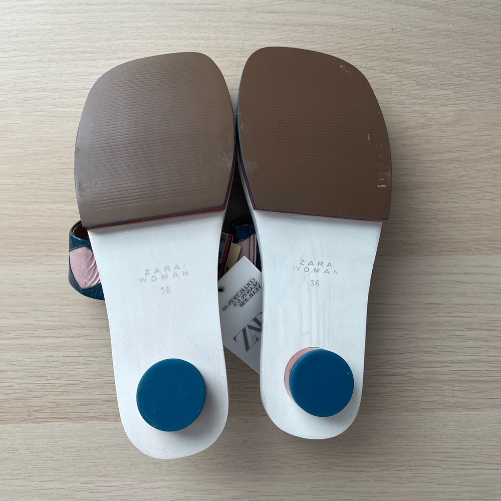 NIB Zara Studio Asian Style Leather Clogs Sandals Pink Dark Teal - Picture 6 of 8